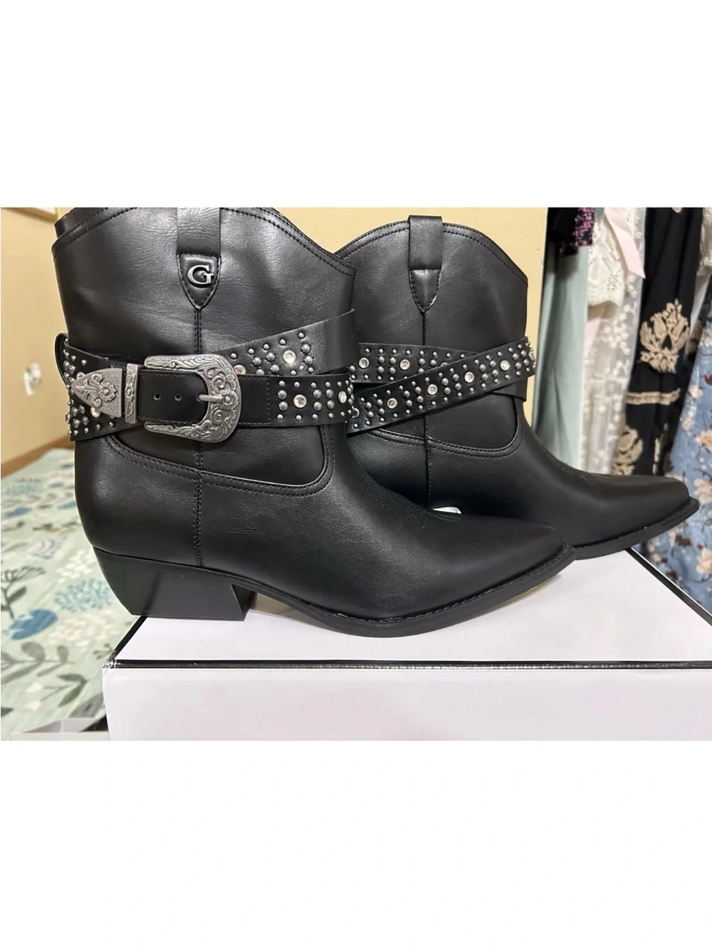 Guess Black Studded Western Ankle Boots with Silver Buckle
